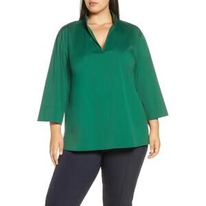 Lafayette 148 NWT Solid Green Hawkins Poplin Stretch V-neck Collarless Blouse